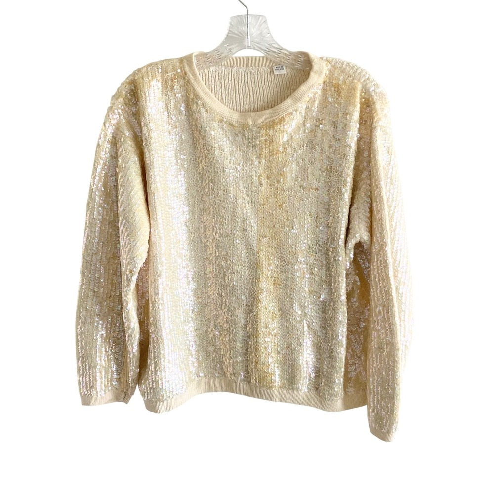 Vintage Iridescent Sequin Knit Sweater Cream Long Sleeve Crewneck Hong Kong M